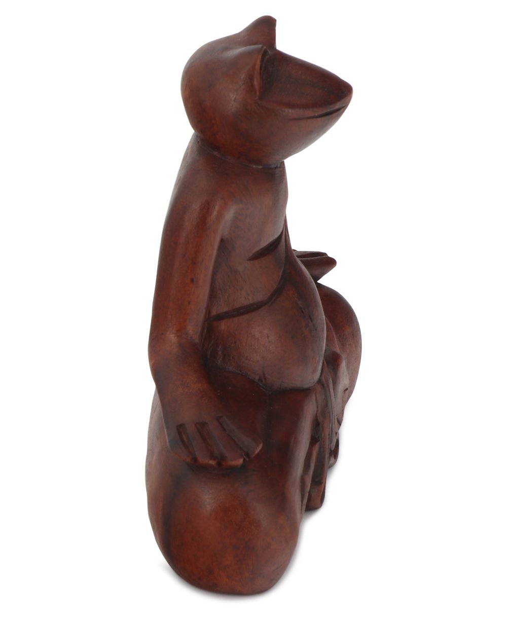 Hand Carved Wood Meditating Frog Statue - Sculptures & Statues