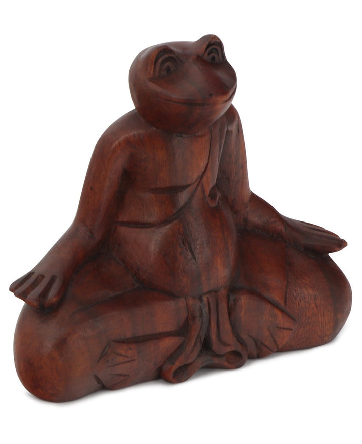 Hand Carved Wood Meditating Frog Statue - Sculptures & Statues