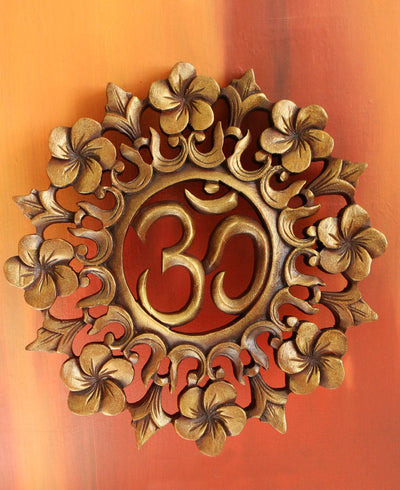 Hand-carved Wood Om Wall Hanging, Rustic Bronze Tone - Decor