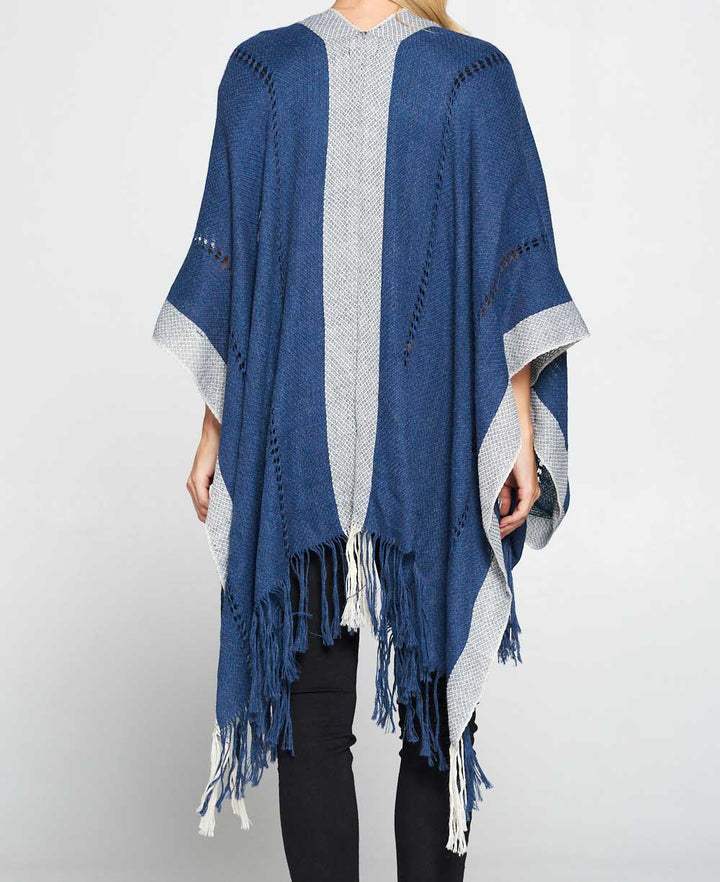 Hand Knit Alpaca Wool Poncho Wrap, Washed Blue -