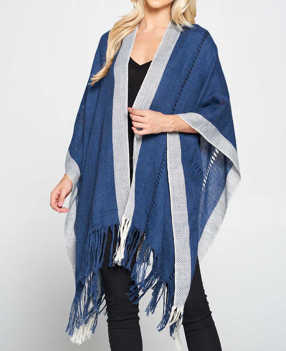 Hand Knit Alpaca Wool Poncho Wrap, Washed Blue -