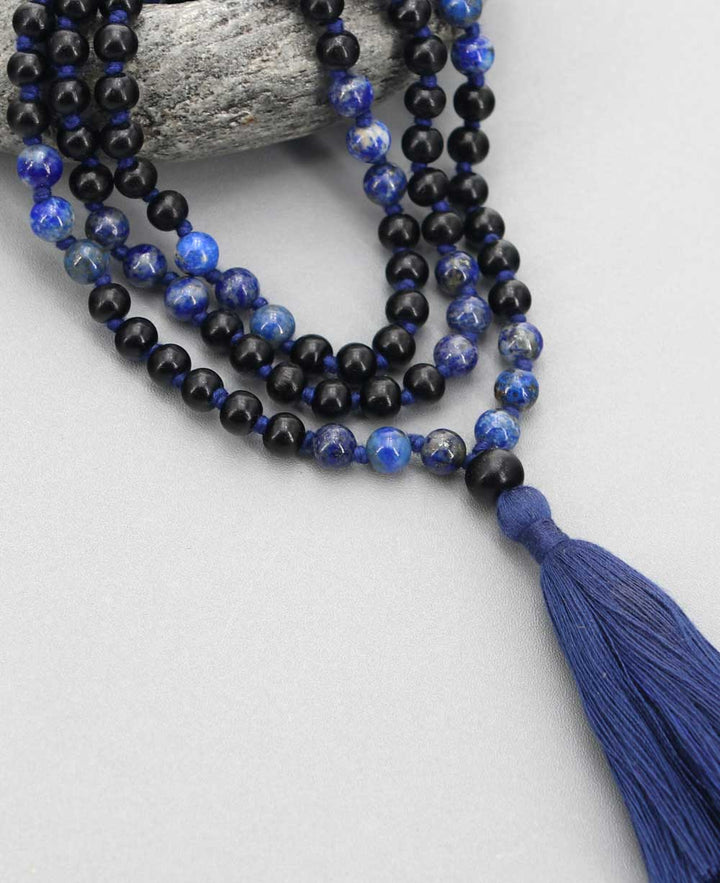 Hand Knotted Lapis and Ebony Wood Meditation Mala - Prayer Beads