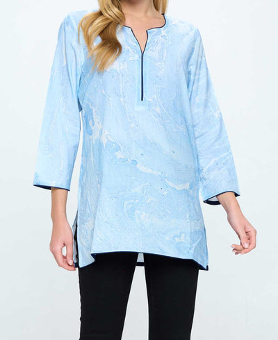 Hand Tie and Dye Blue Marble Print Soft Cotton Tunic Top - Shirts & Tops S