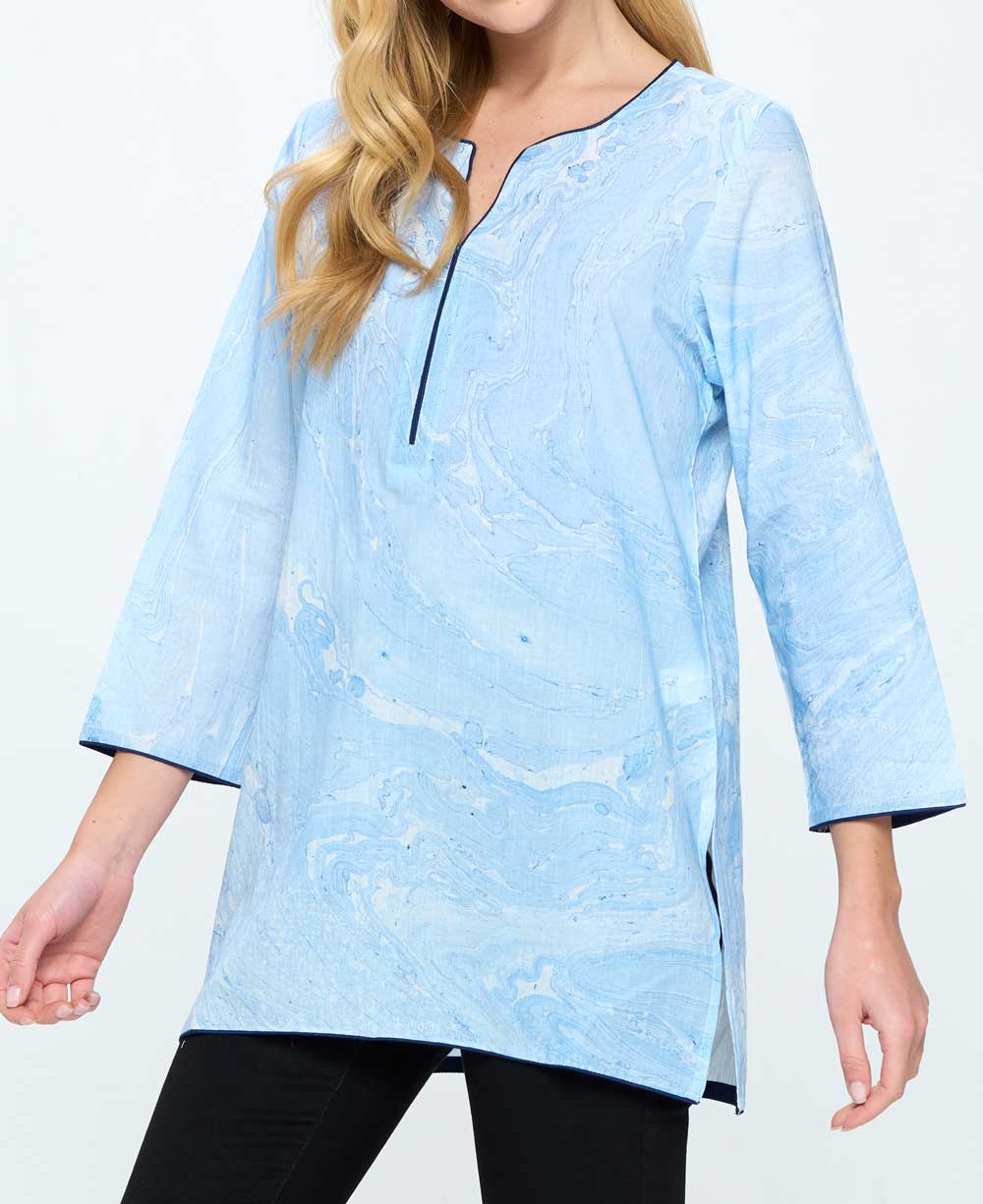 Hand Tie and Dye Blue Marble Print Soft Cotton Tunic Top - Shirts & Tops S