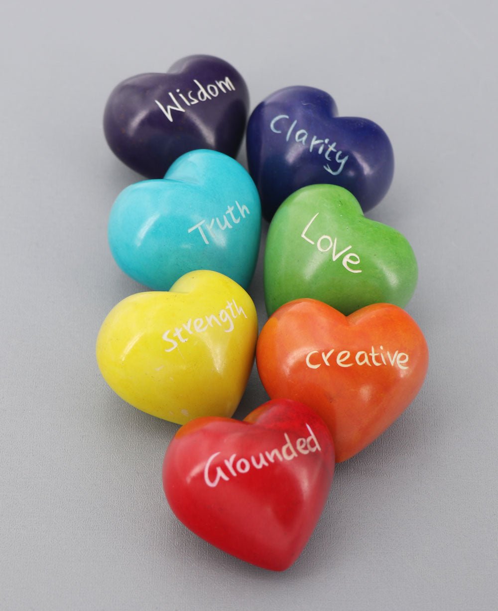 Handmade Soapstone Set of 7 Chakra Hearts With Inspiration - Paperweights