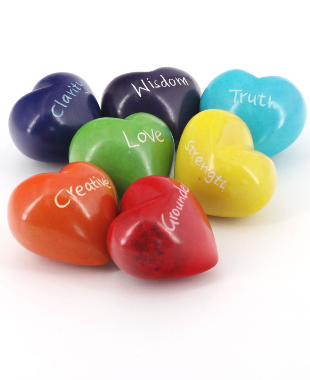 Handmade Soapstone Set of 7 Chakra Hearts With Inspiration - Paperweights