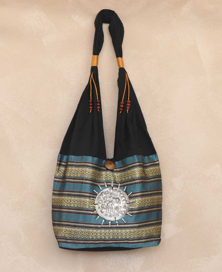 Handmade Thai Silk Shoulder Bag With Elephant Metal Disc - Handbags Black