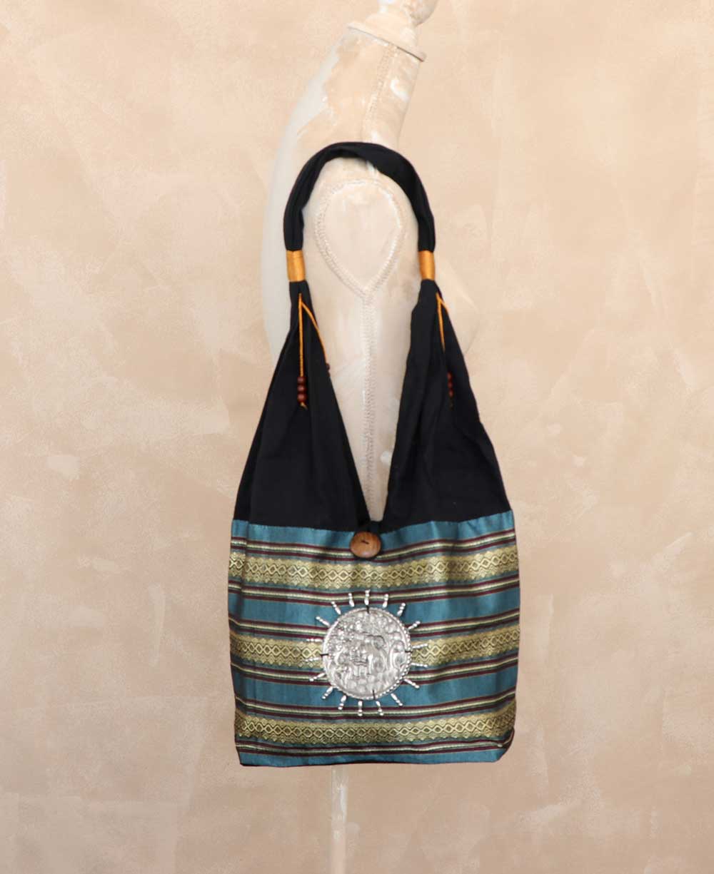 Handmade Thai Silk Shoulder Bag With Elephant Metal Disc - Handbags Blue