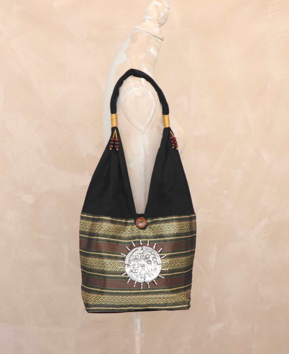 Handmade Thai Silk Shoulder Bag With Elephant Metal Disc - Handbags Brown