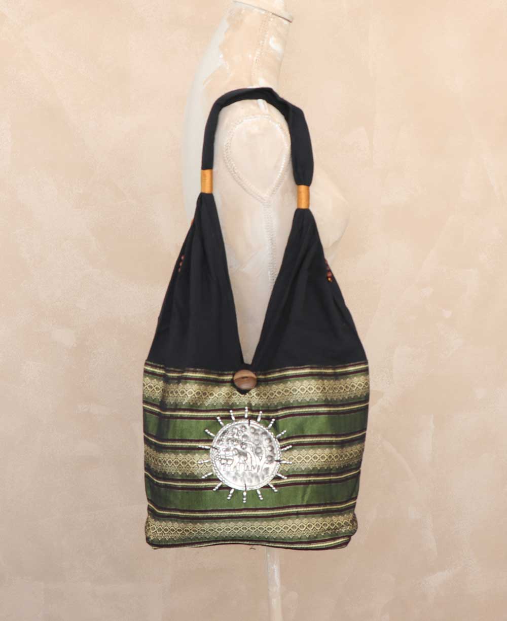 Handmade Thai Silk Shoulder Bag With Elephant Metal Disc - Handbags Green