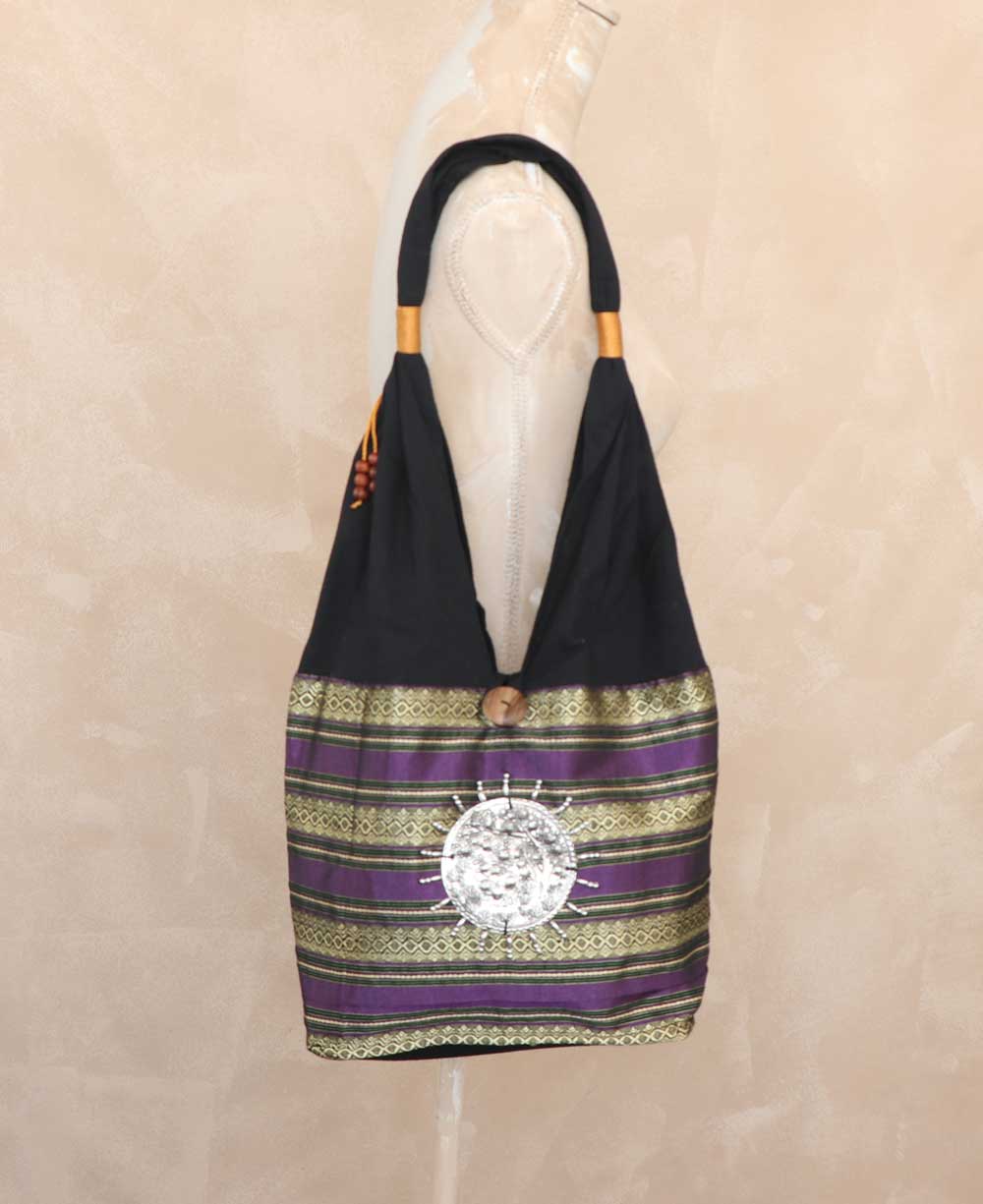 Handmade Thai Silk Shoulder Bag With Elephant Metal Disc - Handbags Purple