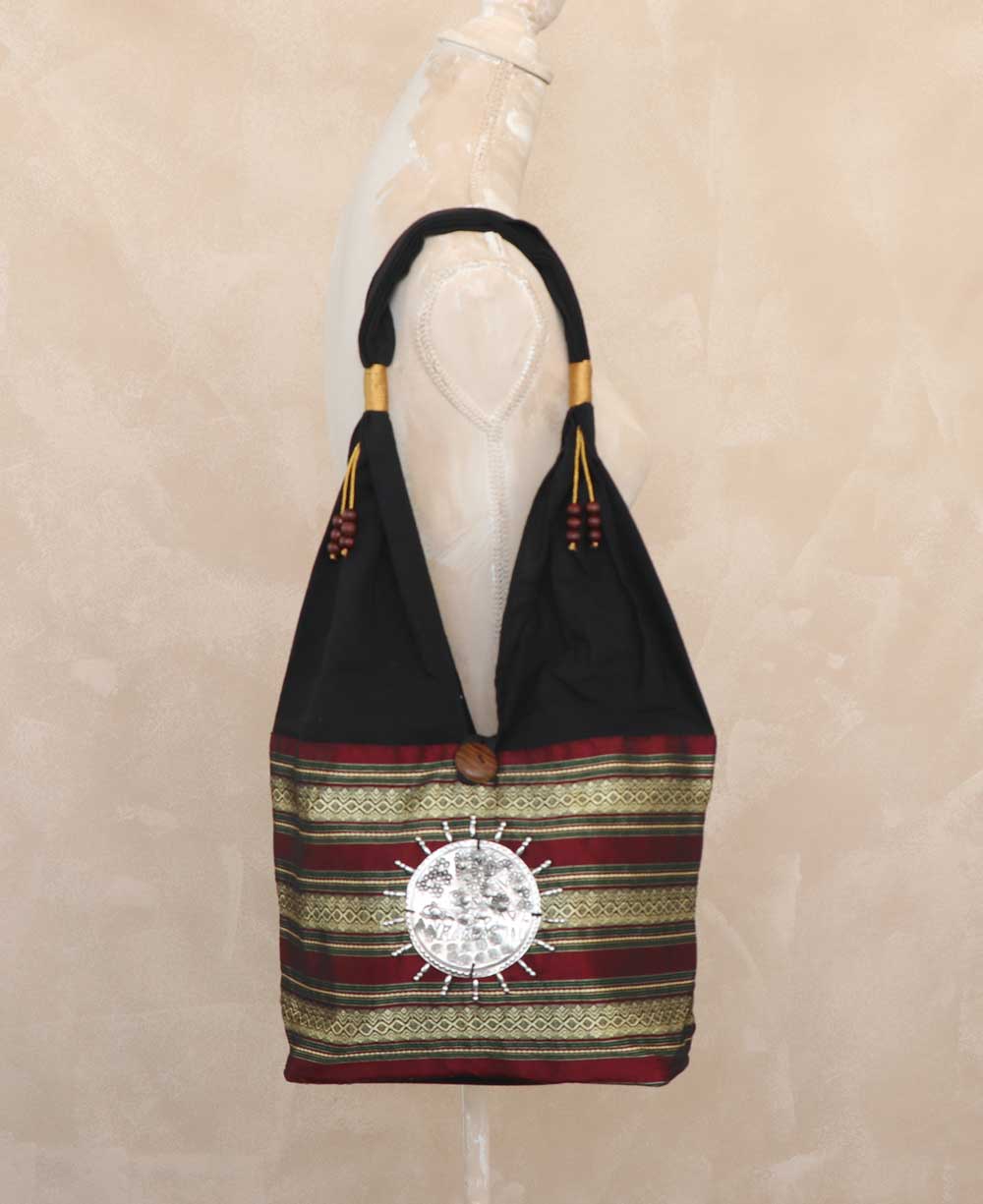 Handmade Thai Silk Shoulder Bag With Elephant Metal Disc - Handbags Red