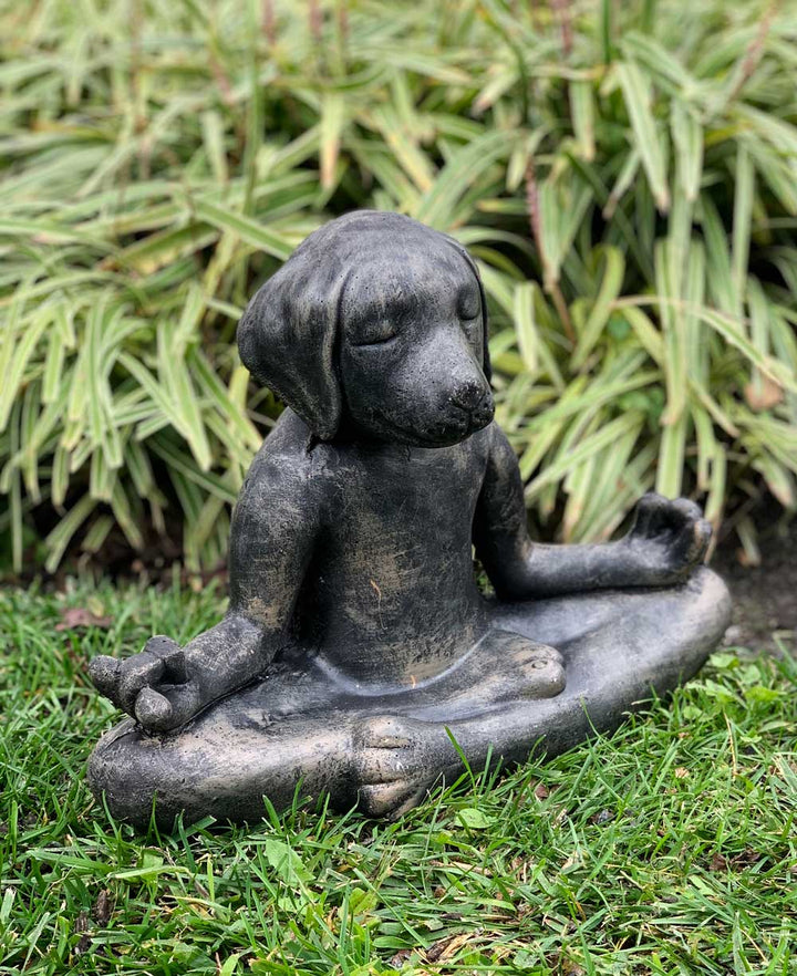 Imperfectly Perfect Cast Stone Meditating Zen Yoga Dog Statue USA Made - Sculptures & Statues Black