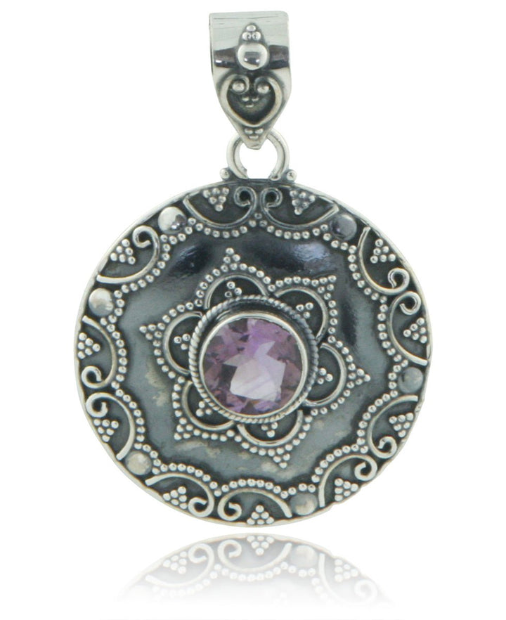 Indian Metalwork Pendant with Amethyst, Sterling Silver - Charms & Pendants