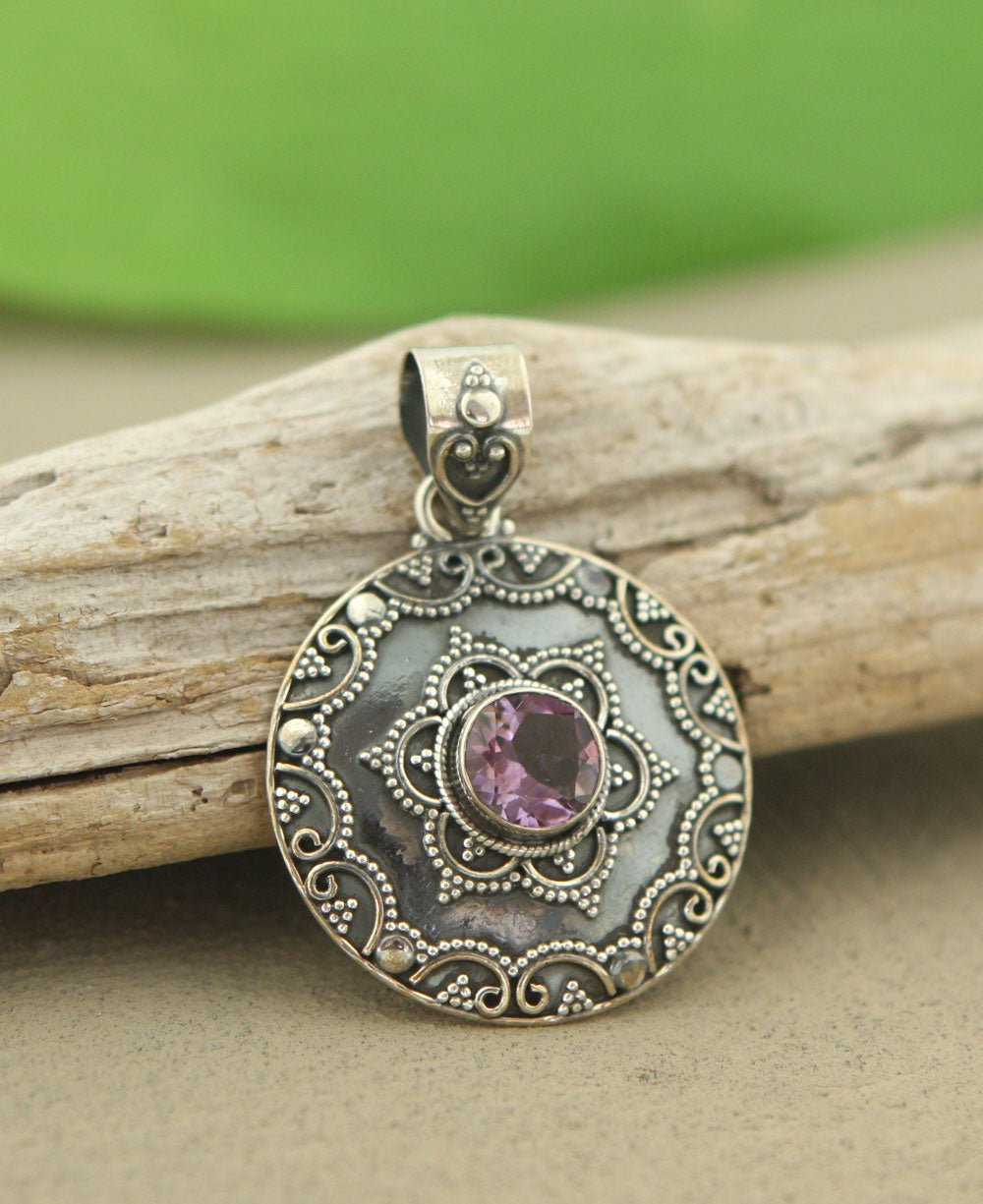 Indian Metalwork Pendant with Amethyst, Sterling Silver - Charms & Pendants
