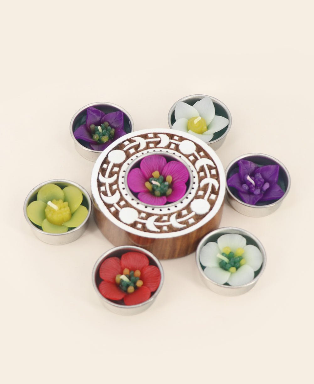 Indian Rosewood Moon Phase Tea-light Holder with Floral Tea-lights - Candle Holders