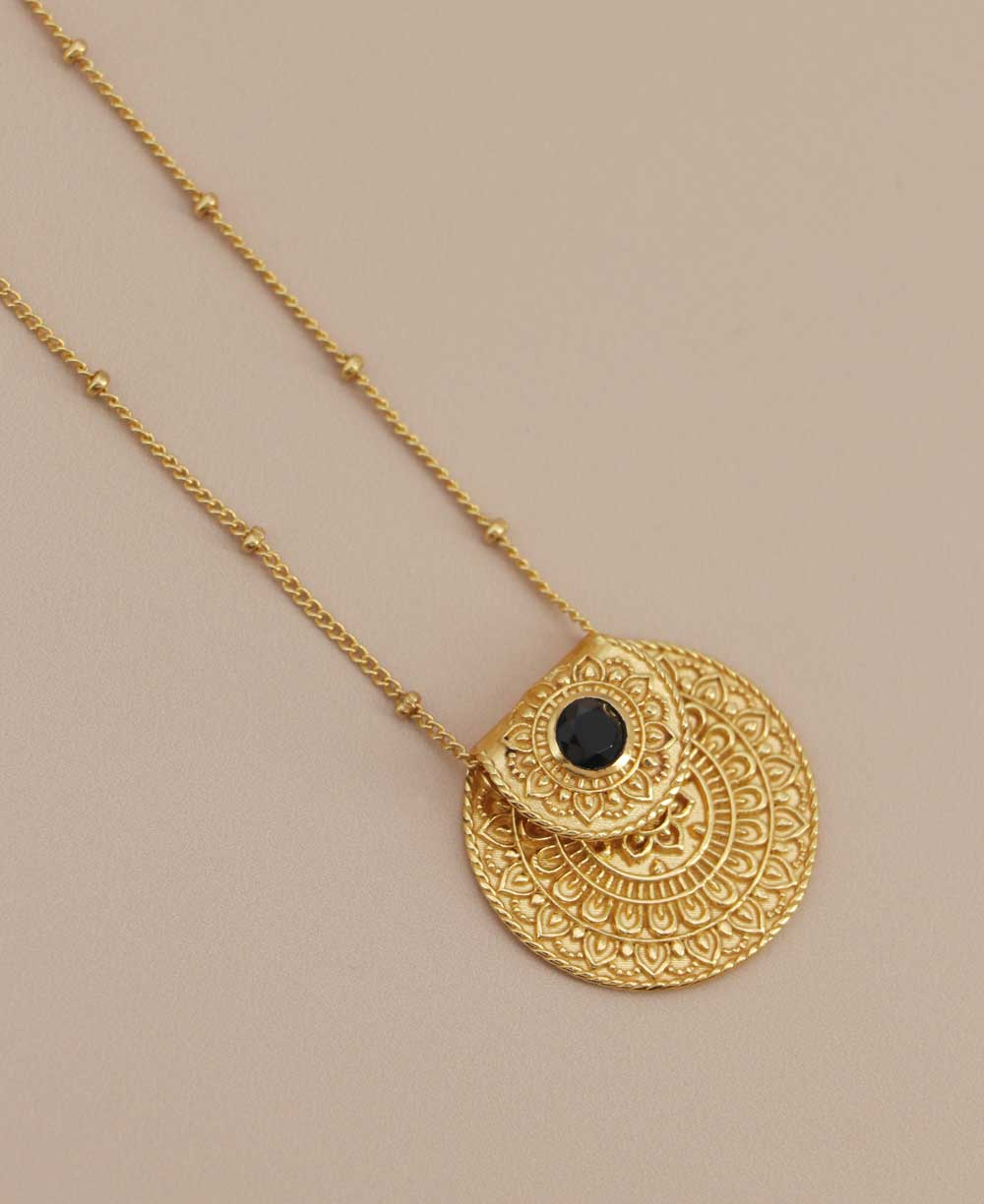Inspirational Gold Plated Mandala Necklace with Black Onyx Stone - Necklaces