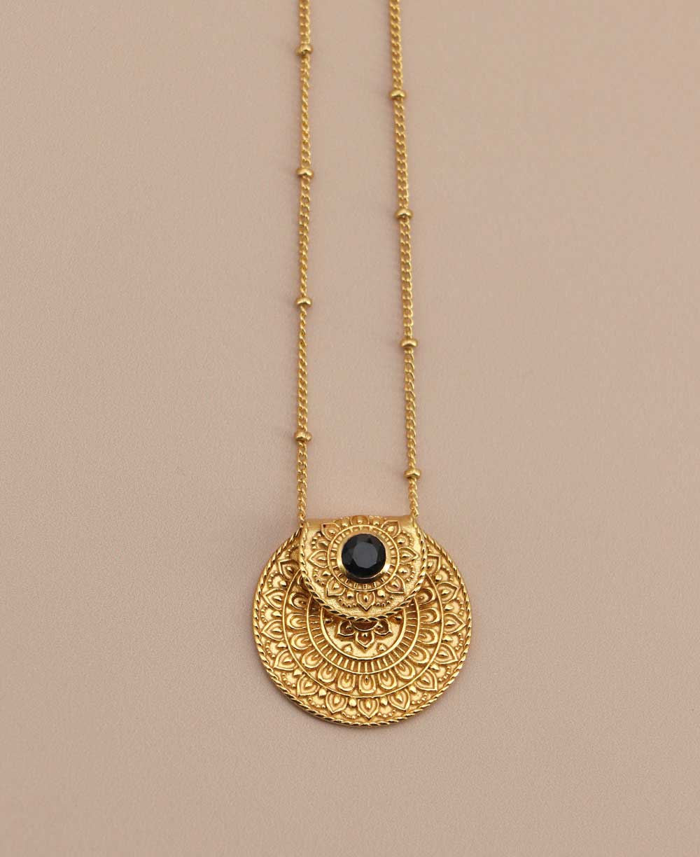 Inspirational Gold Plated Mandala Necklace with Black Onyx Stone - Necklaces