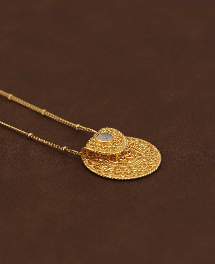Inspirational Gold Plated Mandala Necklace with Rainbow Moonstone - Necklaces