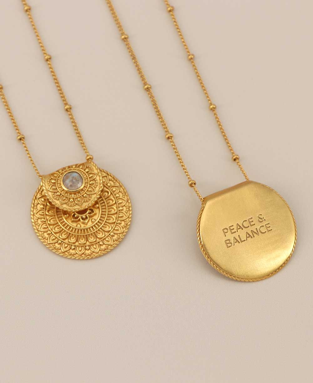 Gold Plated Mandala Necklace with Rainbow Moonstone Peace and