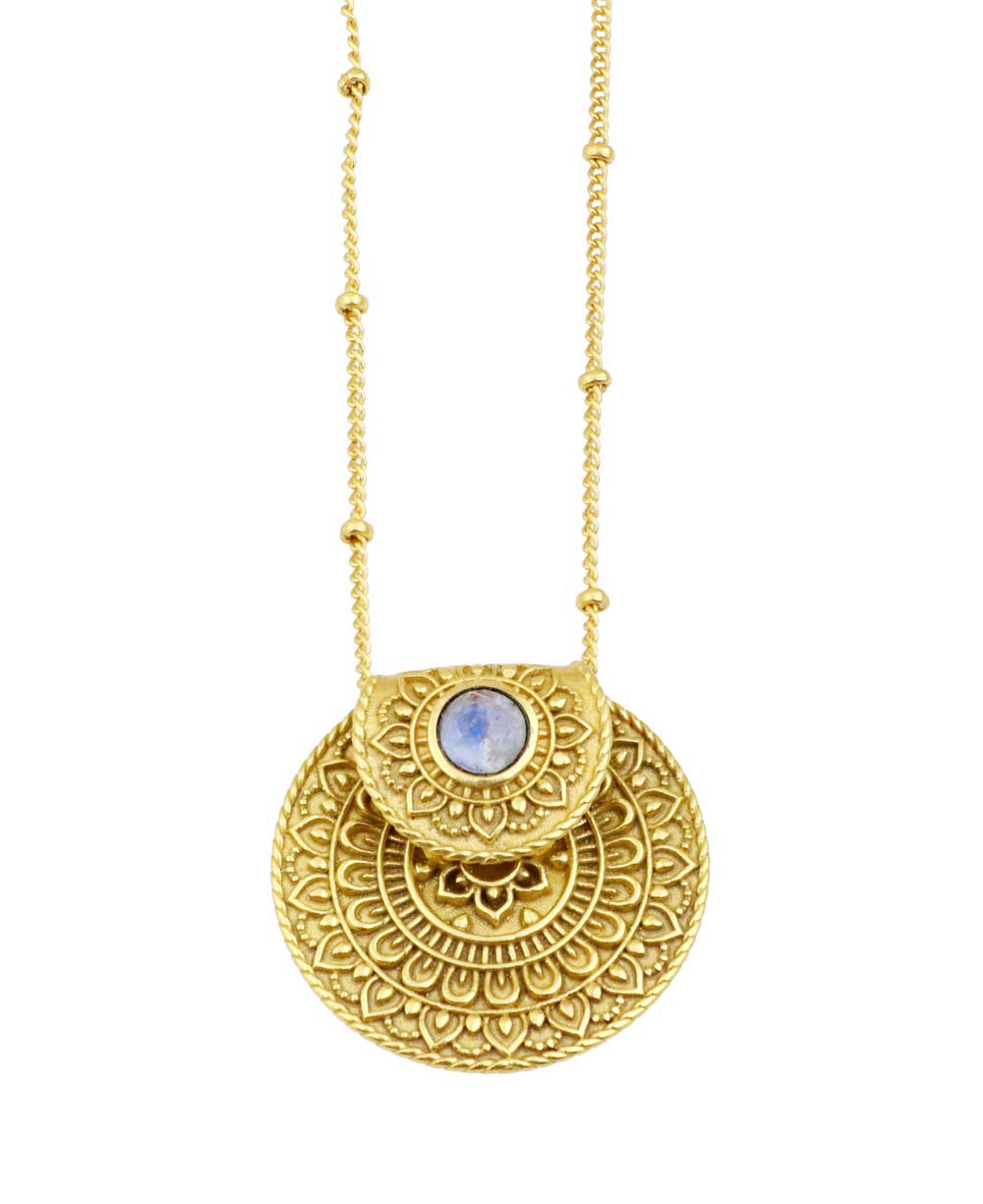 Inspirational Gold Plated Mandala Necklace with Rainbow Moonstone - Necklaces