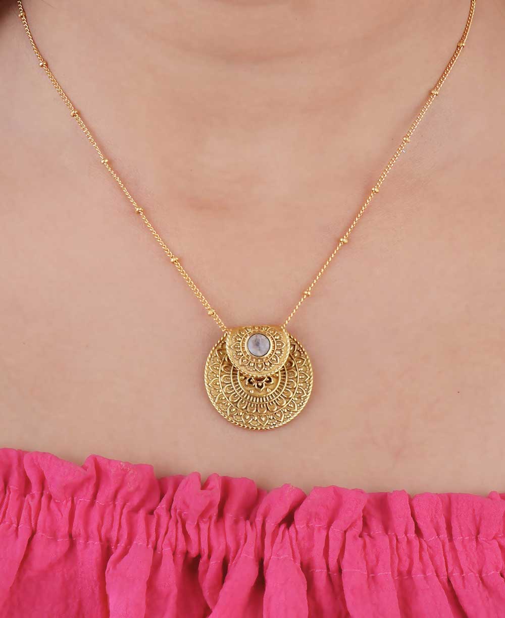 Inspirational Gold Plated Mandala Necklace with Rainbow Moonstone - Necklaces
