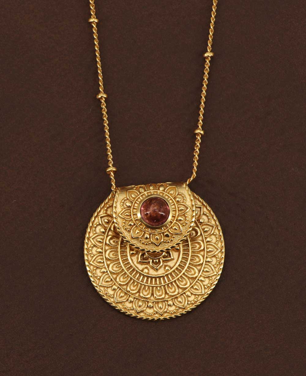 Inspirational Gold Plated Mandala Necklace with Tourmaline Stone - Necklaces