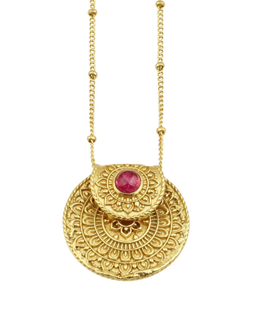 Inspirational Gold Plated Mandala Necklace with Tourmaline Stone - Necklaces
