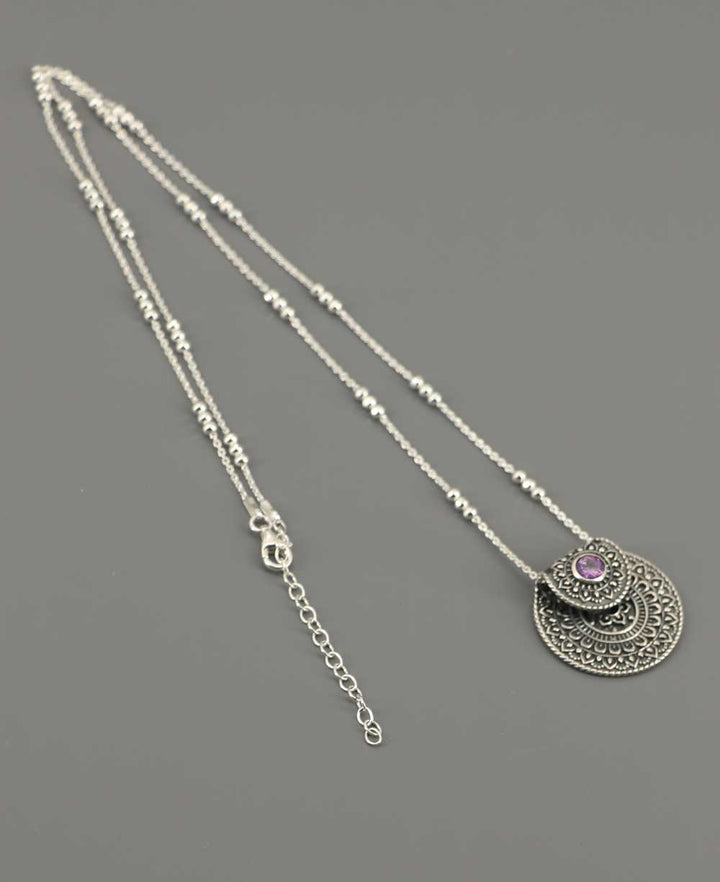 Inspirational Sterling Silver Mandala Necklace with Amethyst - Necklaces 16"+2"