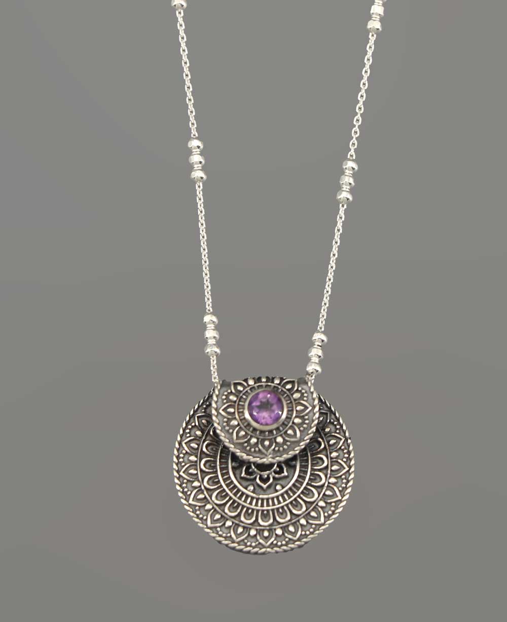 Inspirational Sterling Silver Mandala Necklace with Amethyst - Necklaces 16"+2"