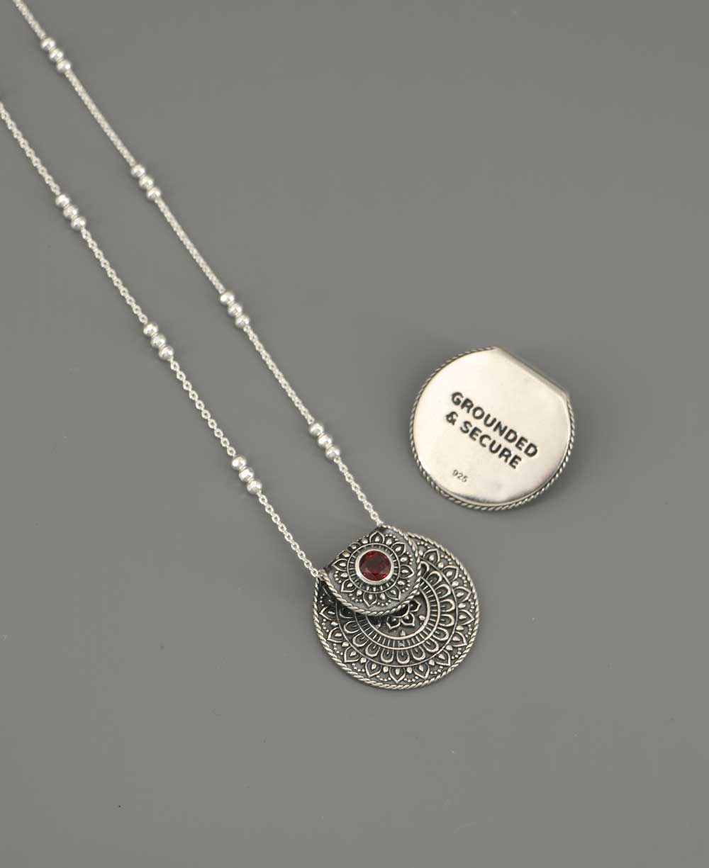 Inspirational Sterling Silver Mandala Necklace with Garnet - Necklaces 16"+2"