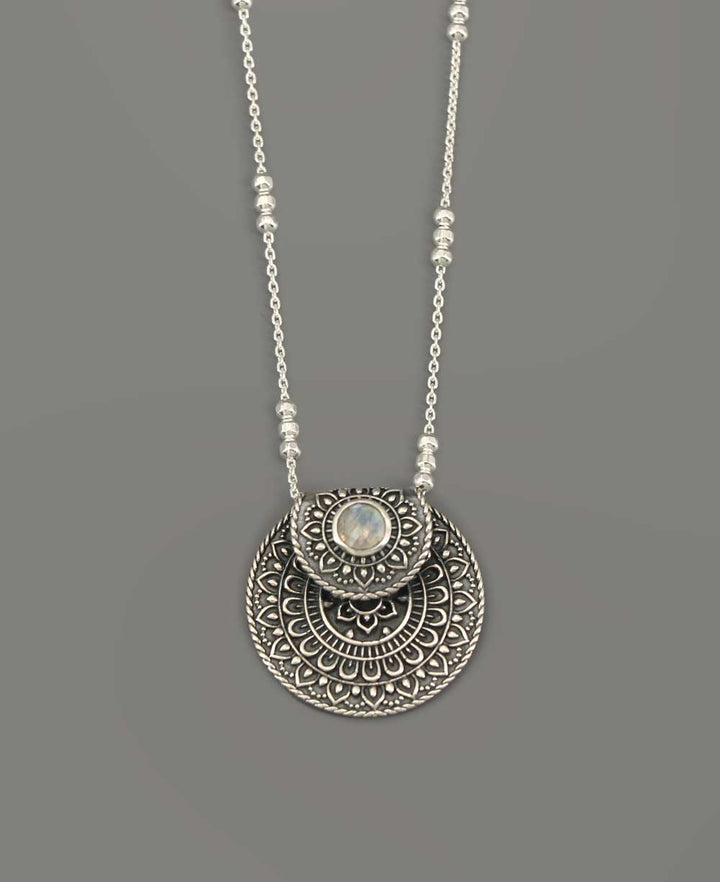 Inspirational Sterling Silver Mandala Necklace with Moonstone - Necklaces 16"+2"