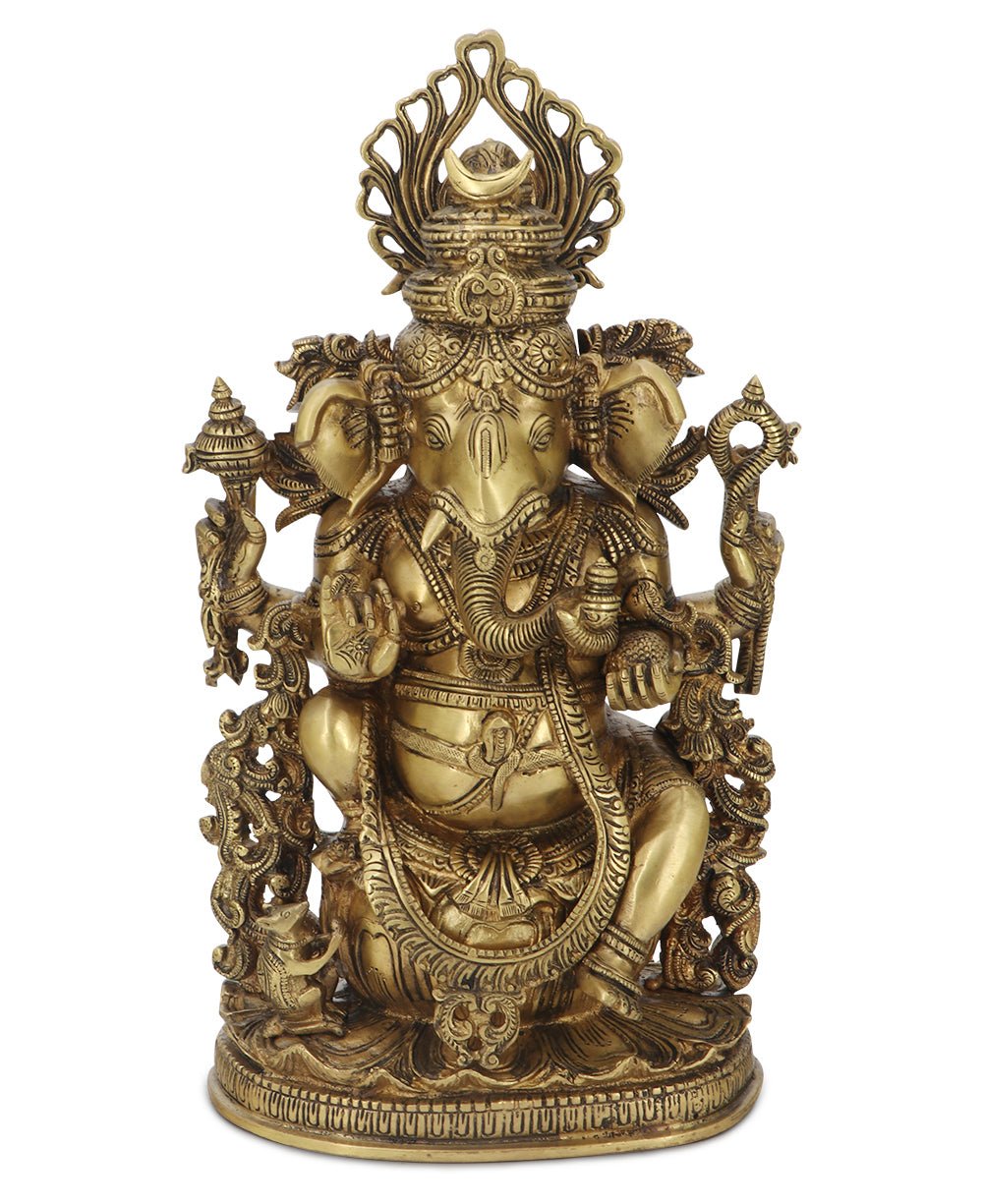 Intricate Brass Ganesh Statue, 14.5 Inches High - Sculptures & Statues