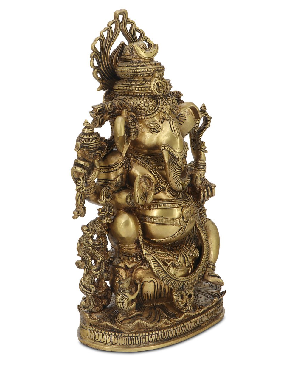 Intricate Brass Ganesh Statue, 14.5 Inches High - Sculptures & Statues