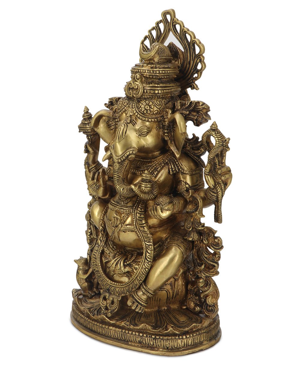 Intricate Brass Ganesh Statue, 14.5 Inches High - Sculptures & Statues