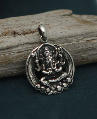 Intricate Design Sterling Silver Circular Ganesh Pendant -
