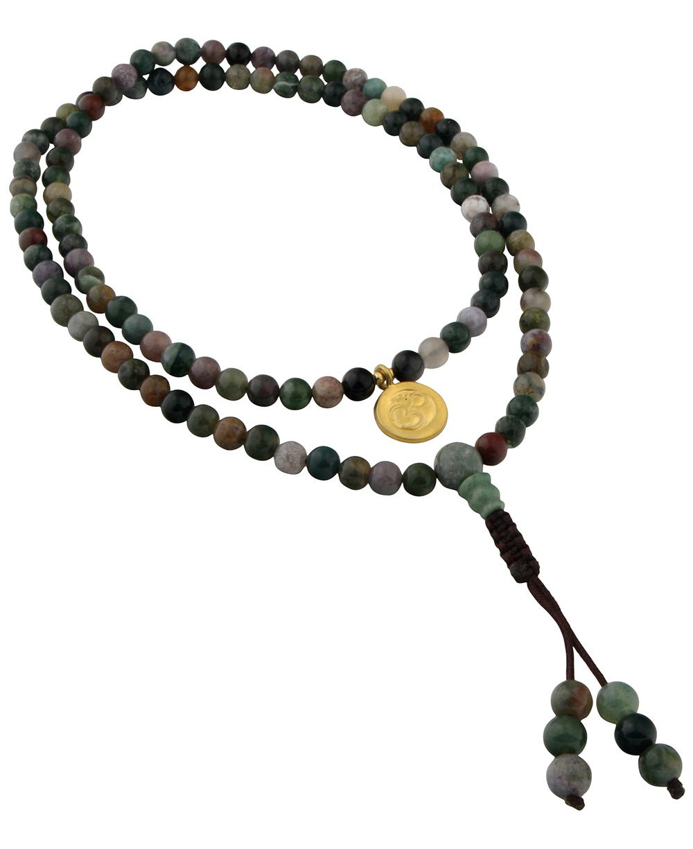 Japer Meditation Mala with Gold Plated Om Charm - Prayer Beads