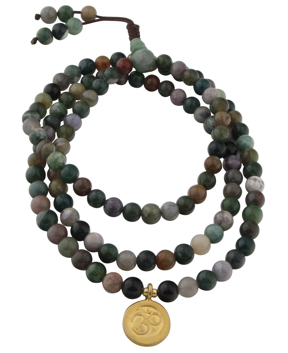 Japer Meditation Mala with Gold Plated Om Charm - Prayer Beads