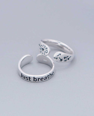 Just Breathe Sterling Silver Inspirational Adjustable Mantra Ring -