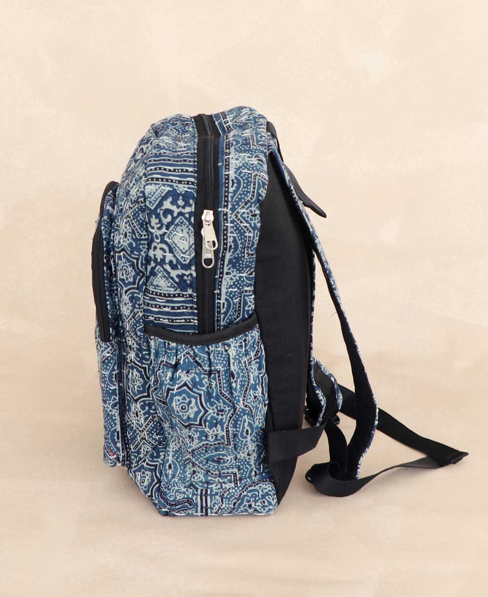 Kantha Stitch Block Print Inspired Compact Backpack - Handbags Blue