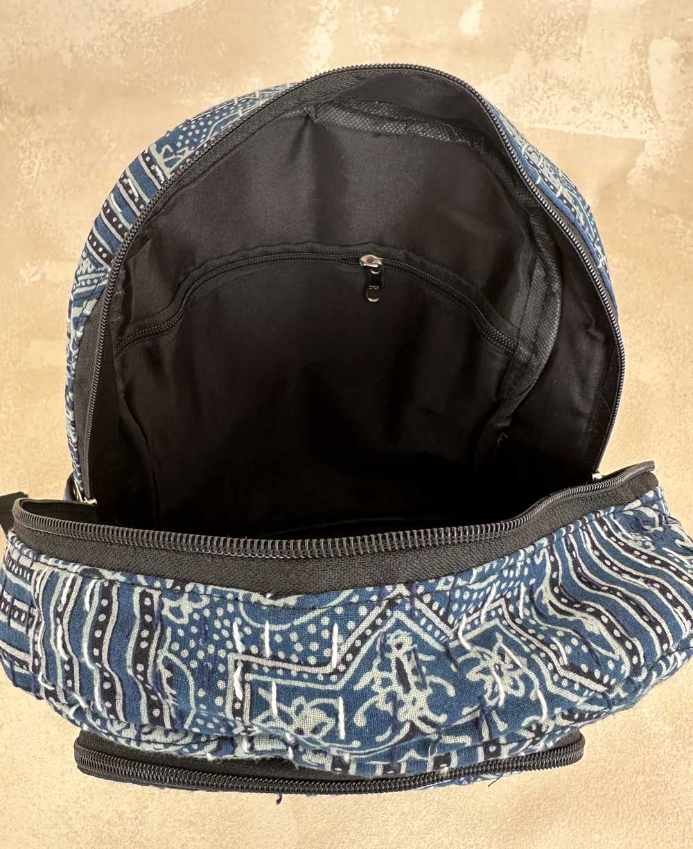 Kantha Stitch Block Print Inspired Compact Backpack - Handbags Blue