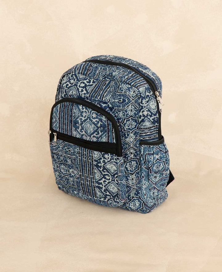 Kantha Stitch Block Print Inspired Compact Backpack - Handbags Blue