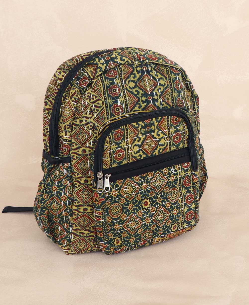 Kantha Stitch Block Print Inspired Compact Backpack - Handbags Green