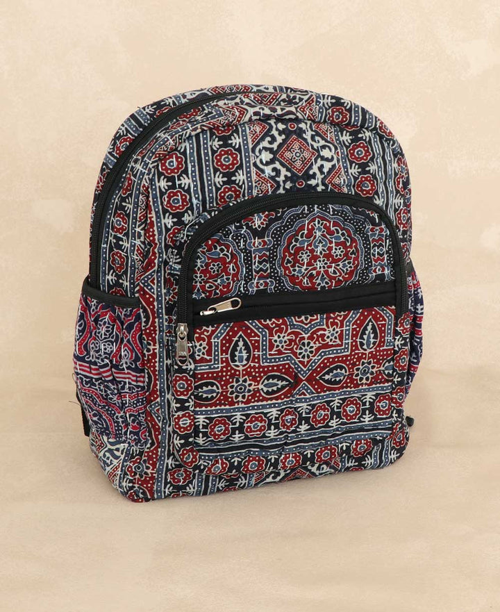 Kantha Stitch Block Print Inspired Compact Backpack - Handbags Navy