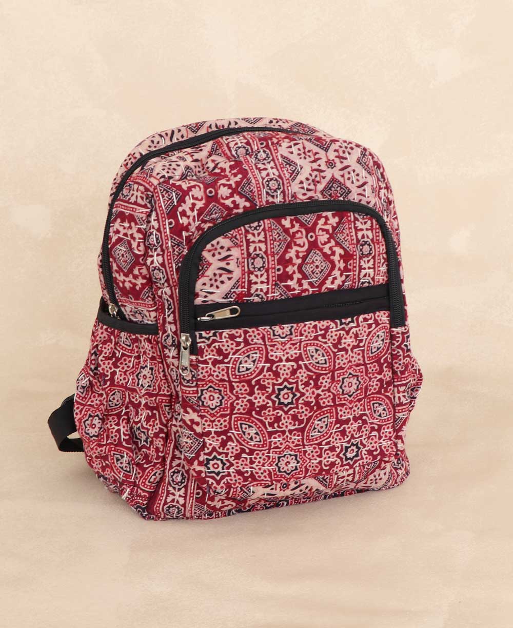 Kantha Stitch Block Print Inspired Compact Backpack - Handbags Red