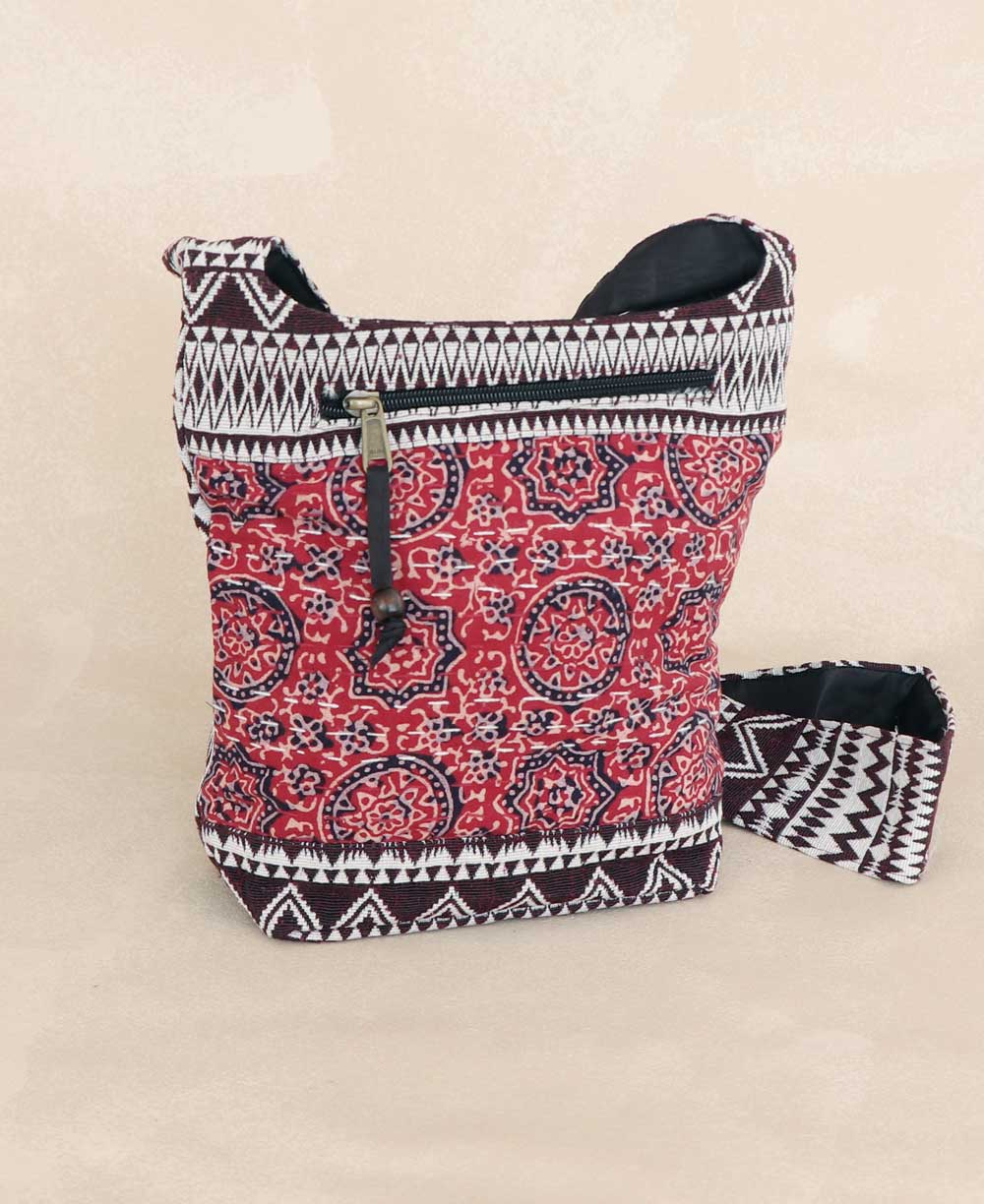 Kantha Stitch Inspired Woven Small Crossbody Bag - Handbags Red