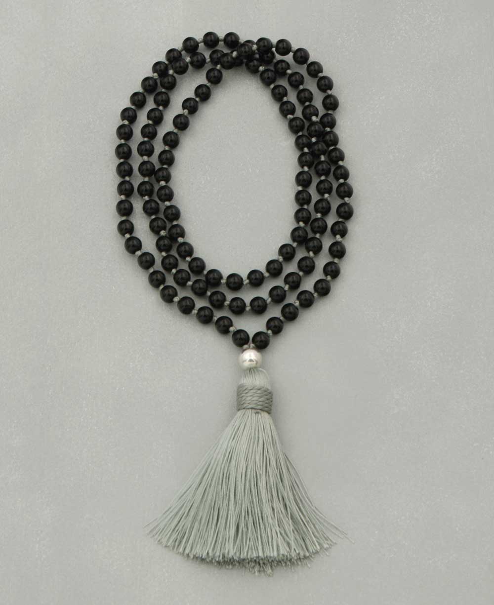 Knotted Black Onyx Mala with Sterling Guru Bead - Prayer Beads