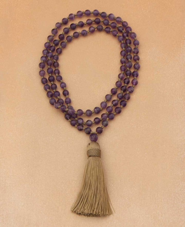 Knotted Gemstone Mala with 108 Amethyst Beads - Prayer Beads