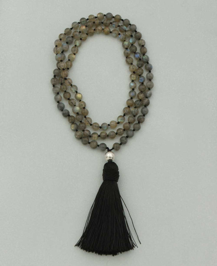 Knotted Labradorite Gemstone Mala with Sterling Guru Bead - Prayer Beads