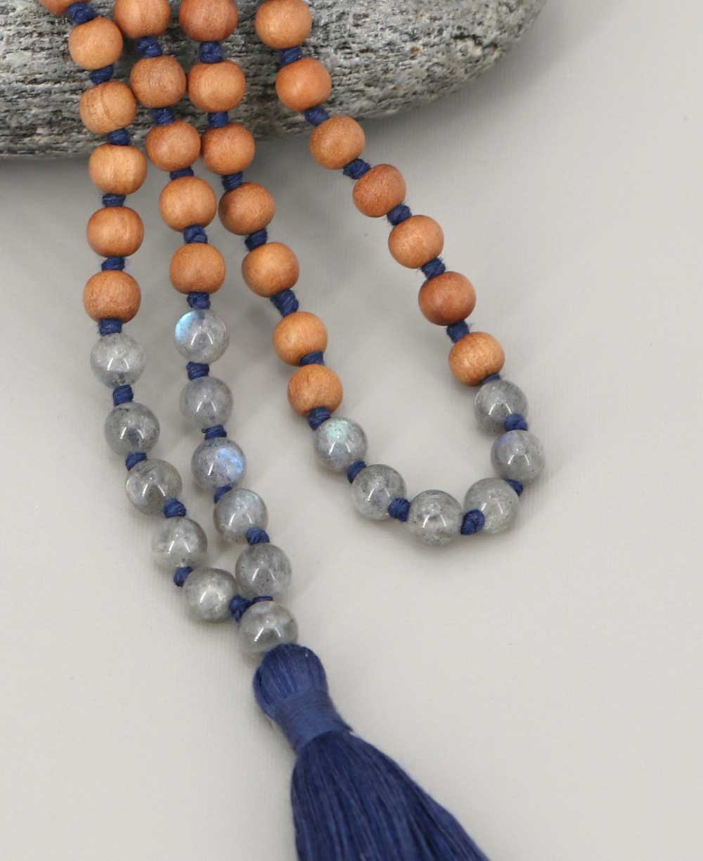 Labradorite and Sandalwood 108 Beads Meditation Mala, Knotted - Prayer Beads